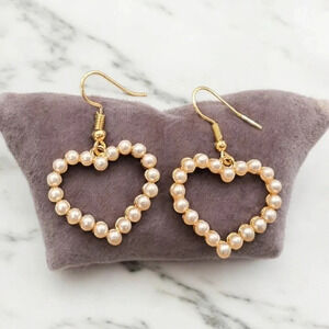 2 LEFT! Gold Plated Faux Pearl Heart Dangle Earrings